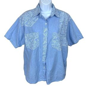 M Vintage 90s Western Blue Denim Paisley Short Sleeve Button Down Shirt Medium